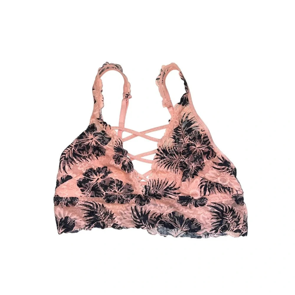 PINK Victoria’s Secret Pink & Black Hibiscus Print Strappy Lace Bralette Small
